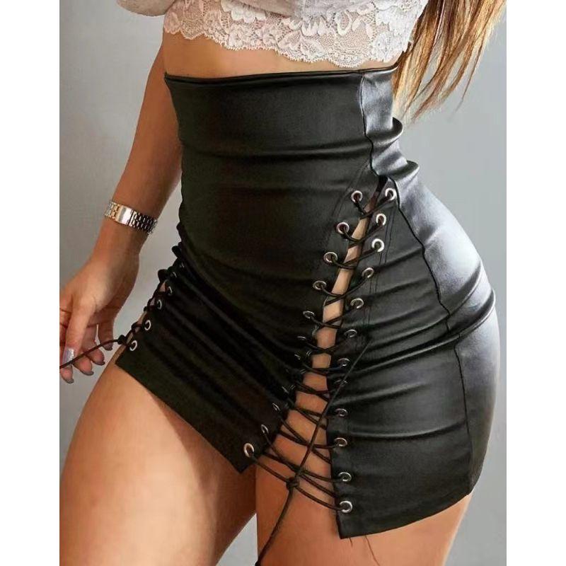 

European and American New Sexy Eyelet Cross Strap High Waist Skirt Nightclub Pu Short dress Black XL