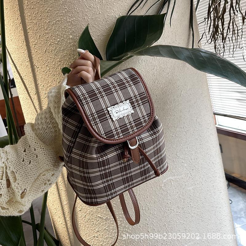 Niche Plaid Backpack Women's Retro College Style Casual Versatile Bucket Bag Fashion Student Commuter Backpack