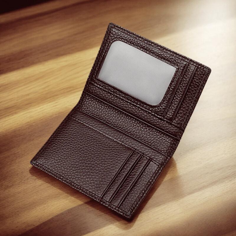 Transparent ID Window Credit Card Holder Durable Soft Multi Card Slots Top-grain Leather Bifold Thin Small Wallet Black Coffee