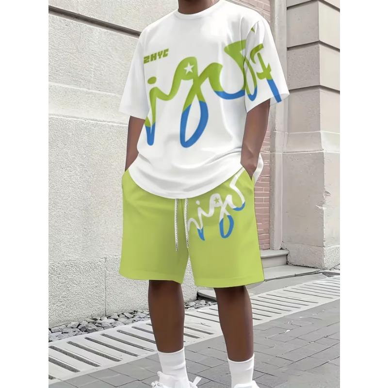 Urban Street Fashion Trend Men's Round Neck Short Sleeved Shorts Set, Outdoor Simple Casual and Comfortable