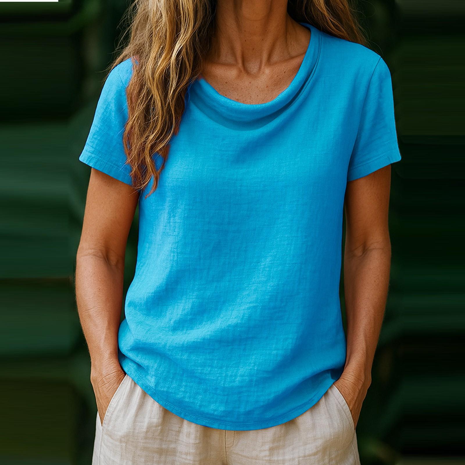 

Женская повседневная свободная модная однотонная плиссированная футболка с коротким рукавом и воротником-стойкой L