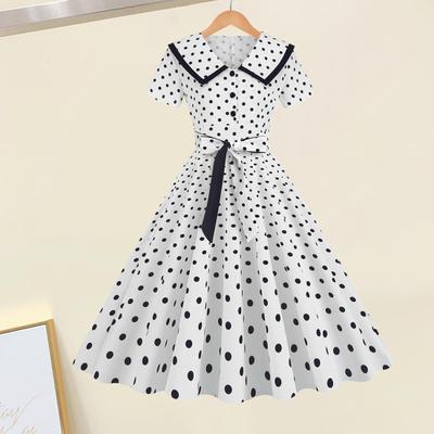Women Party Dress Vinatge Big Hem Contrast Color Dot Print High Waist with Belt Back Zipper Short Sleeve Doll Collar 50s 60s Prom Wedding Princess