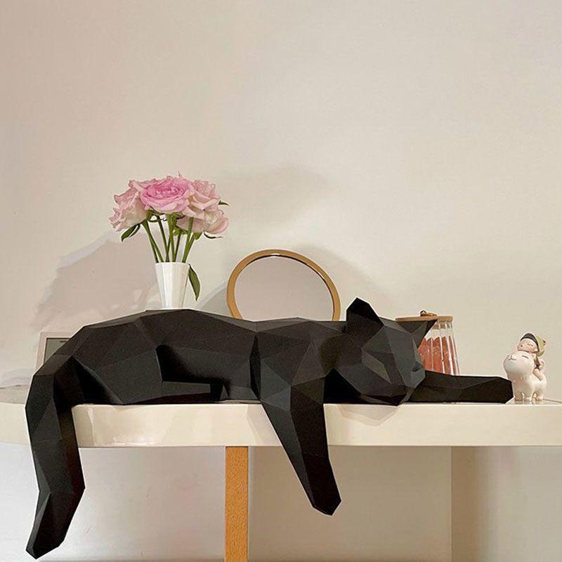 Black White Cat Statue - Geometric Modern Room Decor Figurine Sculpture For Home Office As Table Shelf Desk Decor Lying Cat