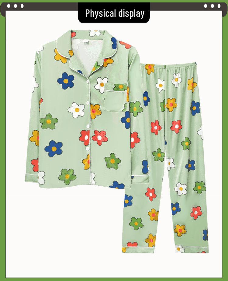 Middle-Aged Mom Long Sleeve Pajamas - Green Plant Series Cardigan, Loose Plus Size Home Set for Women, Spring/Autumn.