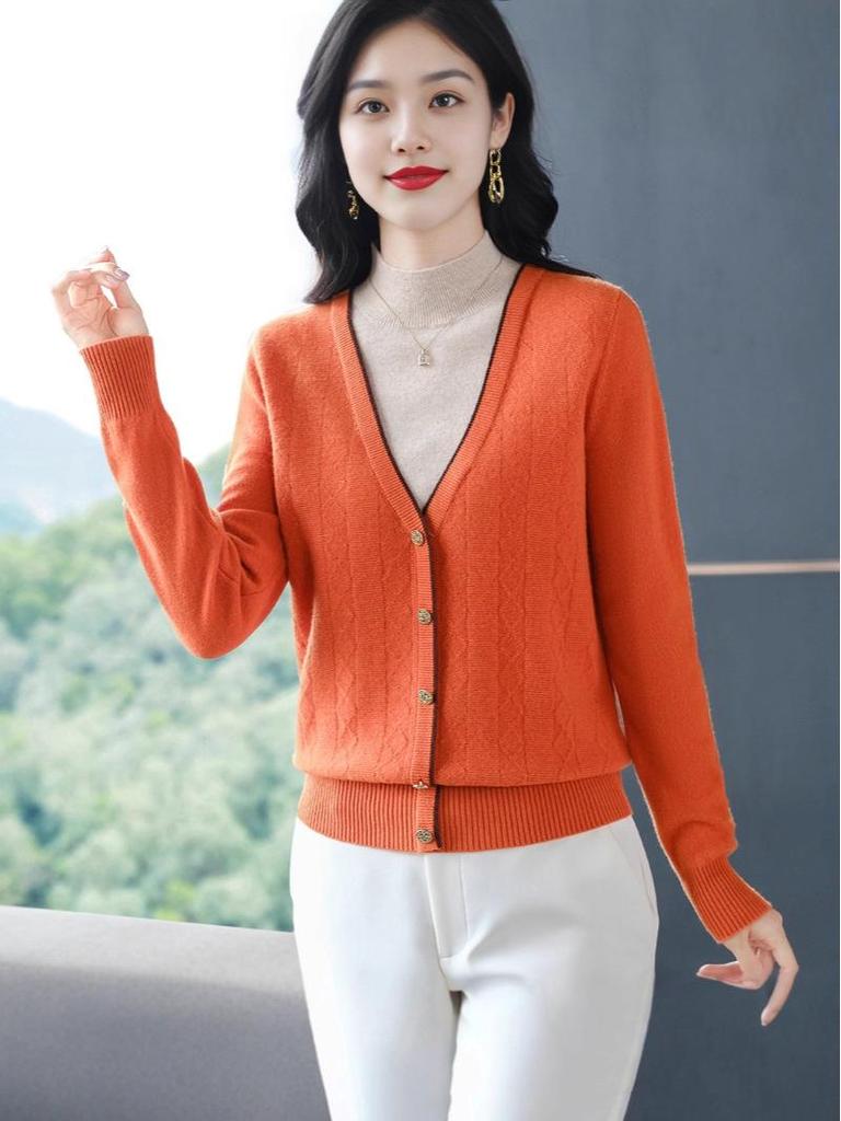 2025 Autumn Women's Slimming V-neck Woolen Sweater - Solid Color Knitwear Pullover
