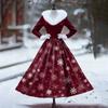 Women's Casual Dress Long-Sleeve V-Neck Patchwork Fleece Christmas Print Dress