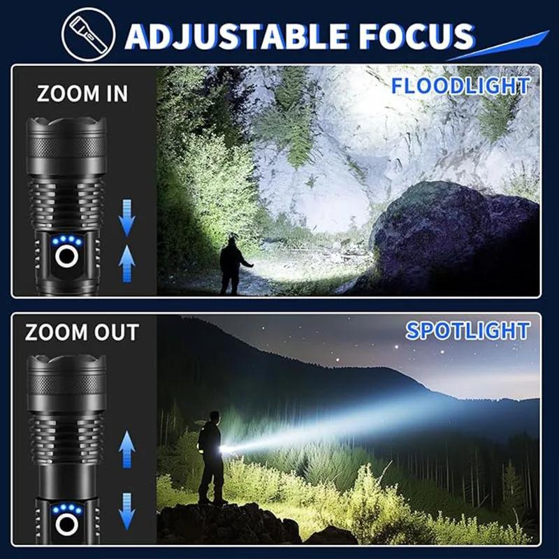 High Power LED Flashlight Rechargeable - Long Range Torch with Telescopic Zoom, Bright Self-Defense Flashlight for Outdoor Use