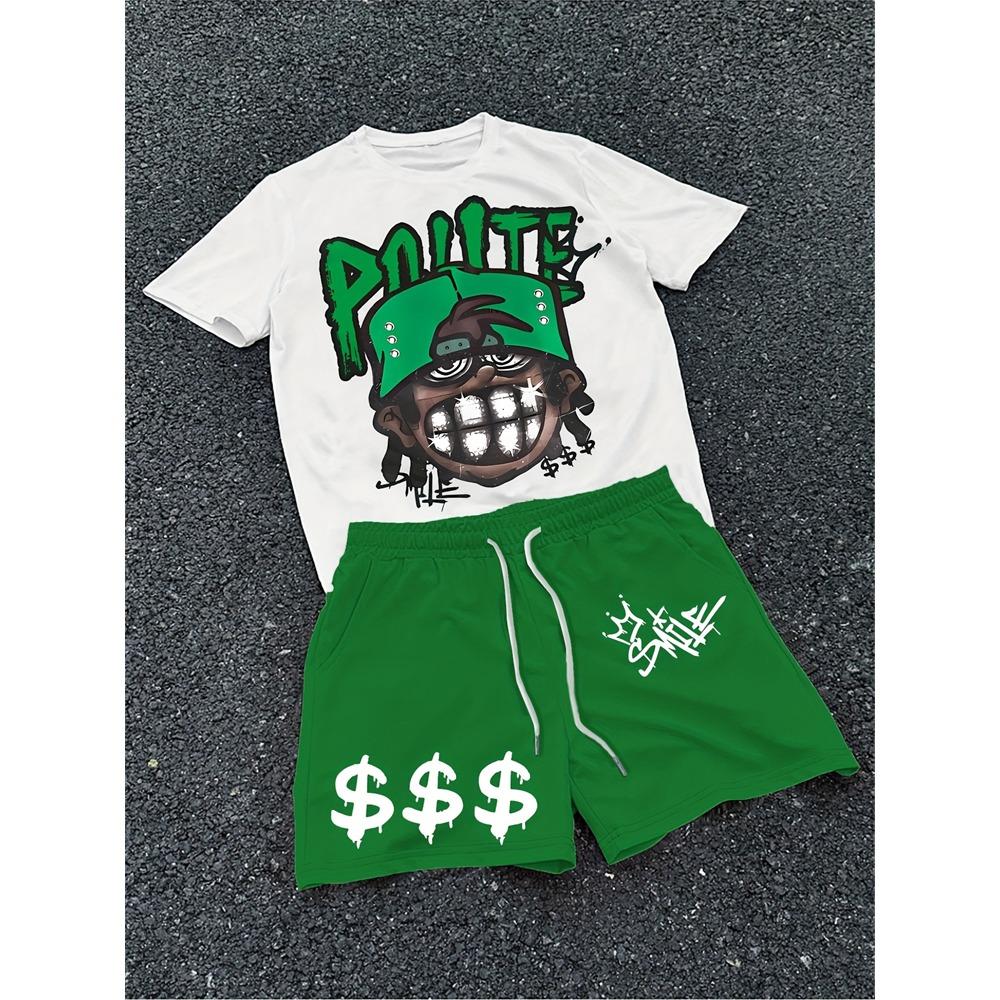 2026 New Spring American Hip-hop Style Men's Round-neck Top And Casual Shorts, Street Fashion Trend Men's Short-sleeved 2pcs Set