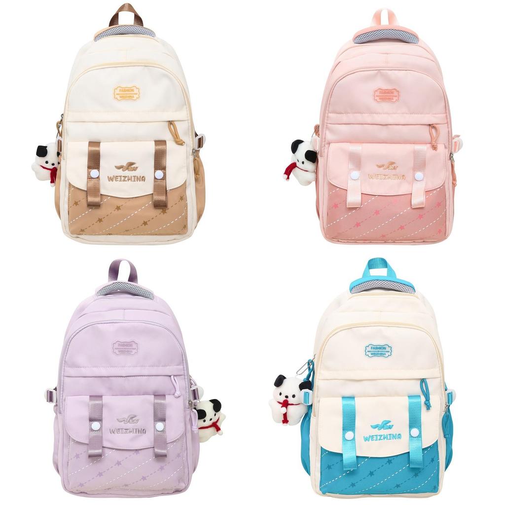Color Blocked Letter Embroidery Student Backpack With Plush Pendant For Daily Use