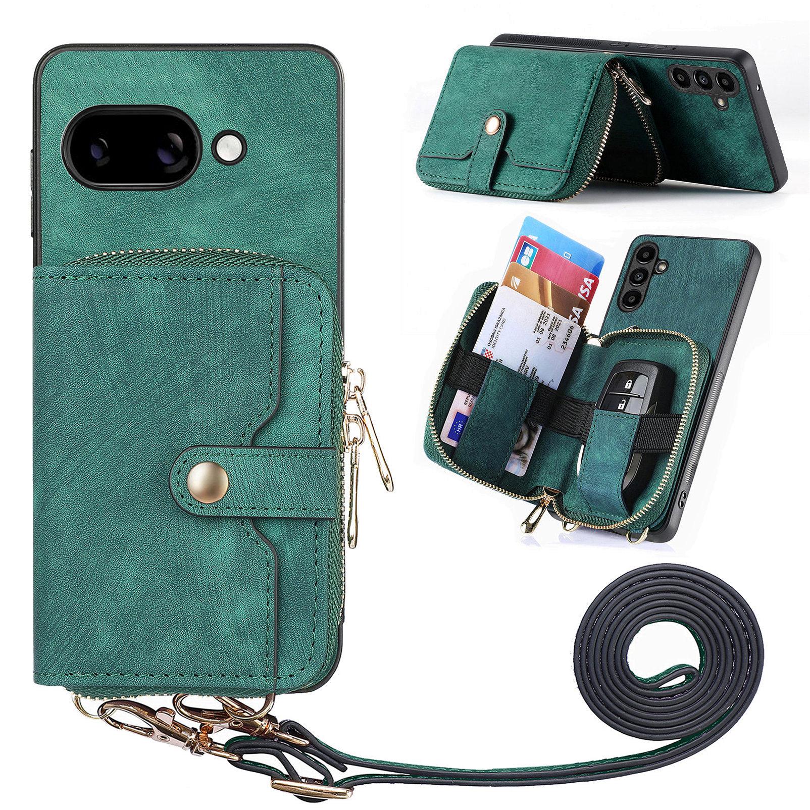 

For Google Pixel 9a PU Leather Phone Back Cover with Zipper Card Holder and Long Strap Green