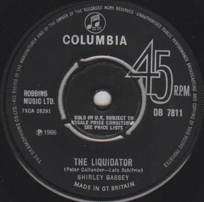 Disc de 7 inch SHIRLEY BASSEY - The Liquidator DB7811 Columbia 1966 UK Coloane Sonore și Muzicale Folosit