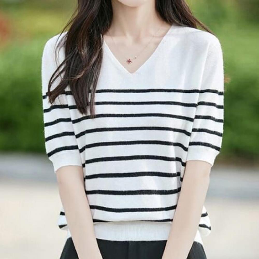 NaVaVa Women Striped V Neck Short sleeVe Knit Nk2976