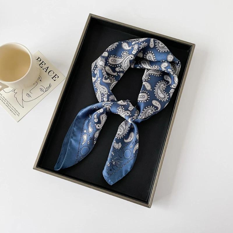 

70cm Paisley Cashew Printed Scarf Universal Spring and Summer Thin Imitation Silk Scarf Retro Versatile Headscarf Shawl синій