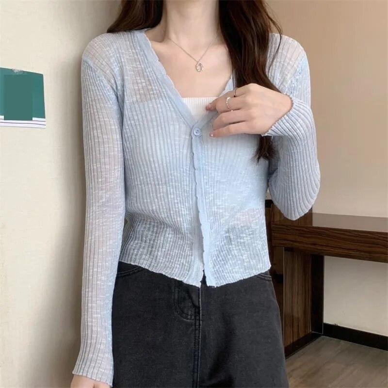Cardigan sottile in seta di ghiaccio corto bianco da donna manica lunga lavorato a maglia protezione solare slim crop top Kintwear nuova moda semplice casual primavera estate