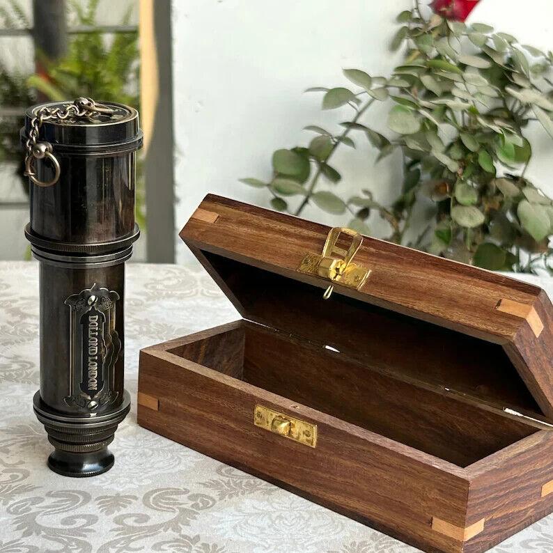 Marine Telescope Nautical Antique Solid Brass Pirate Spyglass 16 Inch Wooden Box