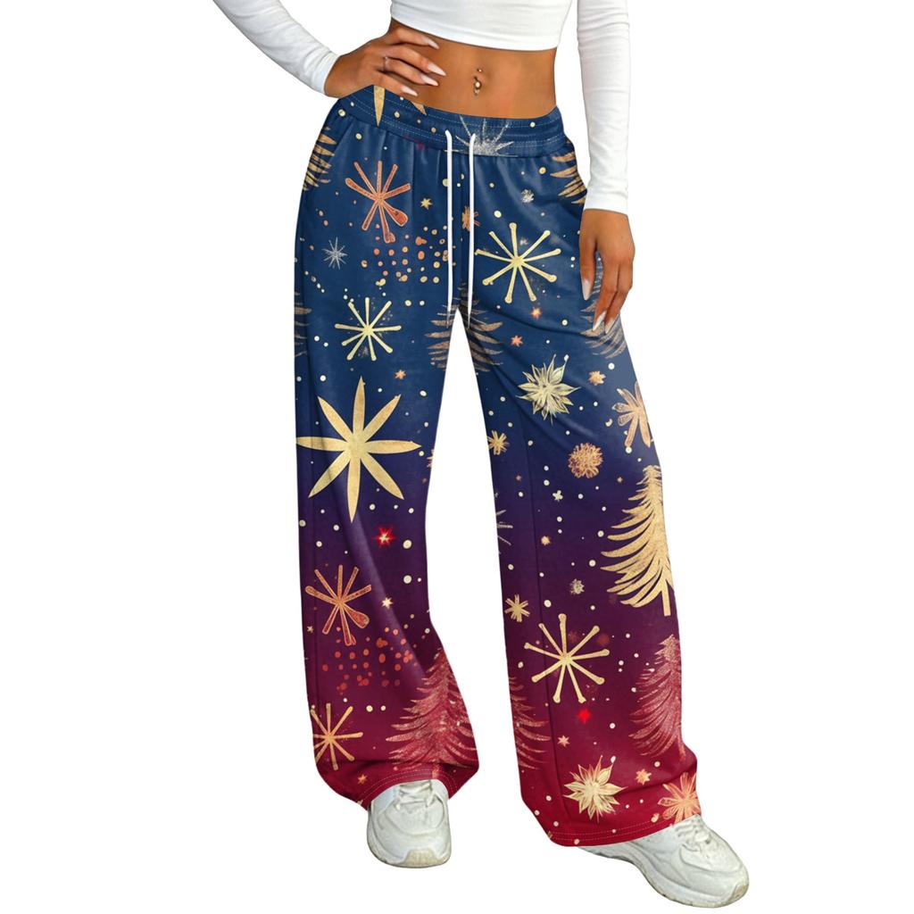 Dames Casual Kerstprint - Gevoerde Losse Rechte Broek met Elastische Tailleband
