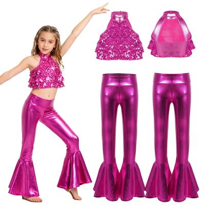 Jazz & Modern Dance Costume Set for Girls: Shiny Sequin Backless Top with Ruffle Hem & Statement Bell-bottom Pants