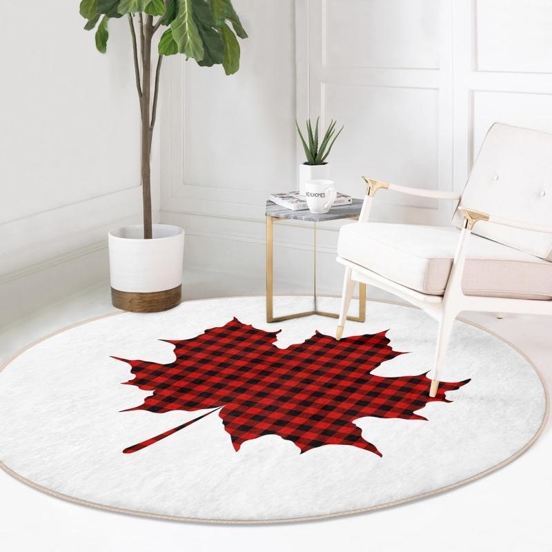 

Plaid Patterned Leaf Digital Printed Modern Claret Red Balcony Round Carpet With Washable Non-Slip Base On White Floor