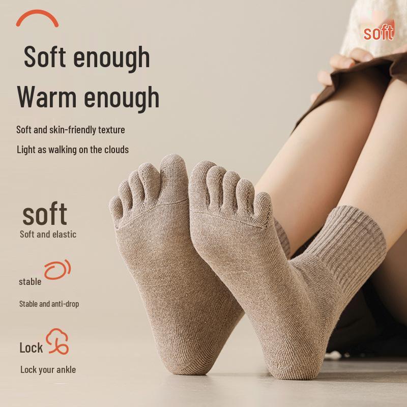 Women's Fleece-Lined Five-Finger Mid-Calf Socks - Thick, Warm, Odor-Resistant Split Toe, Autumn/Winter Style