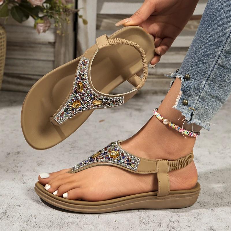 Fashion Fashion Rhinestone Bohemian Sandals Women 2025 Summer Clip Toe Flats Beach Sandles Woman Non Slip Elastic Band Sandalias Mujer