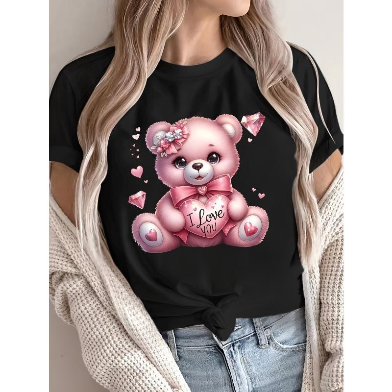 

European Size Women S Valentine S Day Teddy Bear Graphic T-Shirt - Soft Breathable Green Tee with Pink Hearts & I Love You Design 4XL чорний