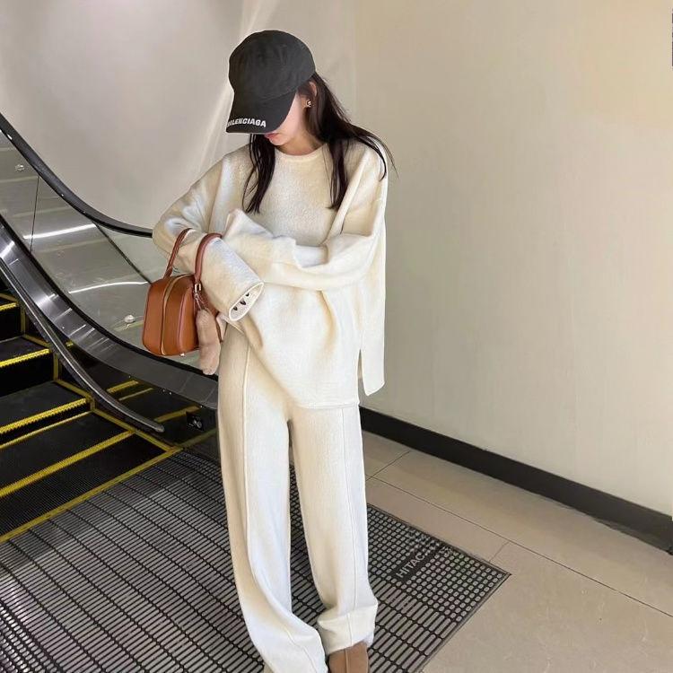 Korean Style Soft and Lazy Style Knitted Suit Autumn and Winter Gentle Round Neck Pullover Sweater Wide Leg Pants Two-piece Set for Women