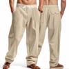 Herren Leinen Weite Beine Cargohosen Kordelzug Elastischer Bund Mehrere Taschen Freizeit Hosen