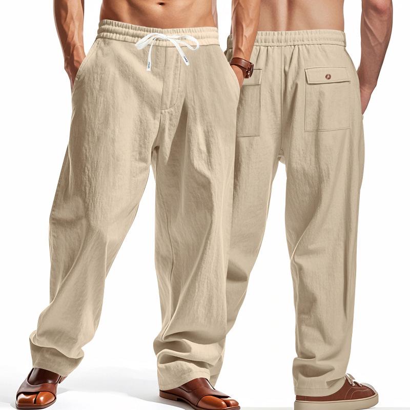 Herren Leinen Weite Beine Cargohosen Kordelzug Elastischer Bund Mehrere Taschen Freizeit Hosen