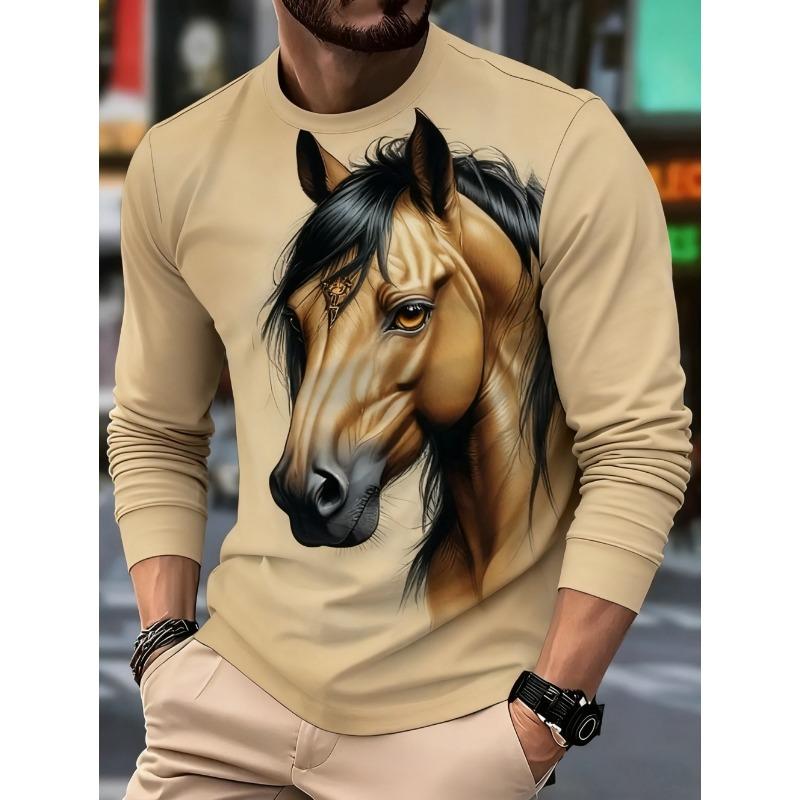 Men's T-Shirt Running Horse Graphic 3D Print Fashion Long Sleeve Crew Neck Tee Shirt Casual Summer Personality Men's Top