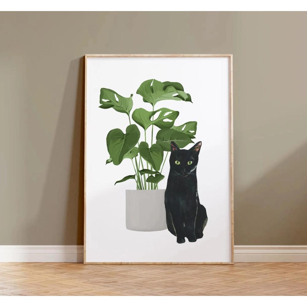 Watercolor Cute Kittens Potted Plant Canvas Print Cartoon Green Plants Animals Wall Art Postes for Modern Living Room Home Decor