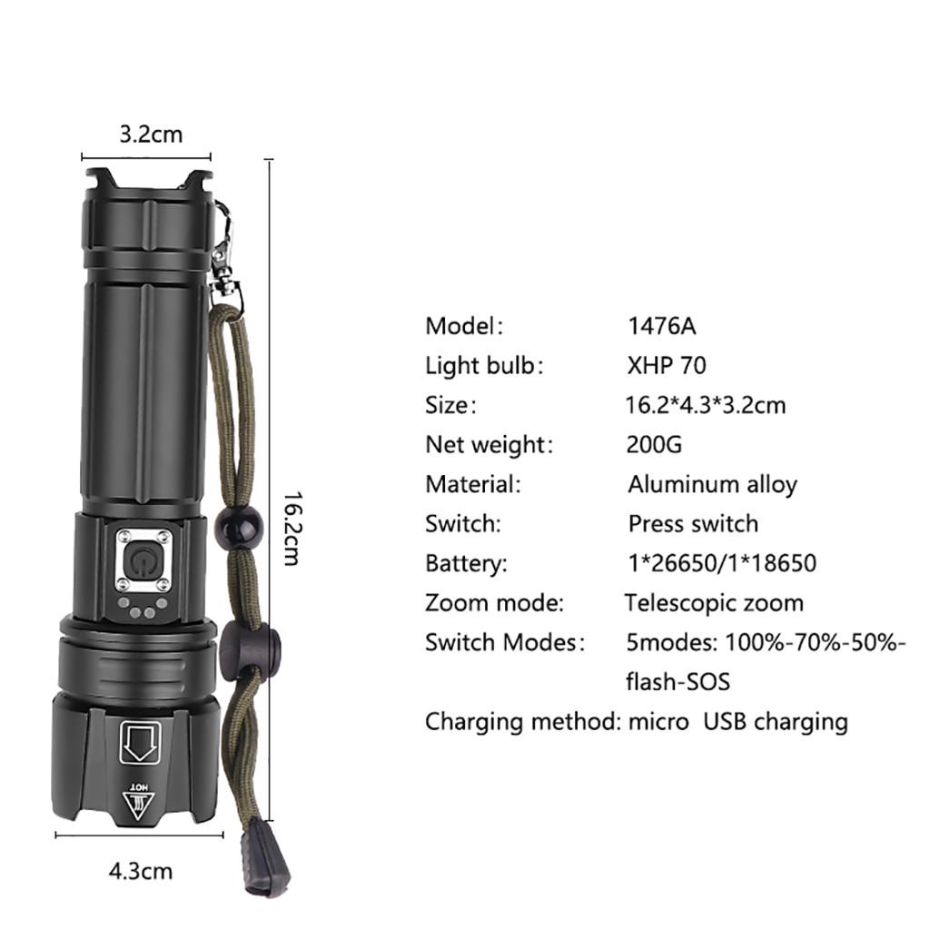 Aluminum Alloy XHP70 Powerful Led Flashlight USB Charging With Charging Display