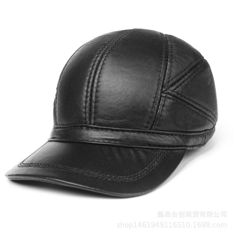 Korean Genuine Leather Cap - Autumn Winter Warm Cowhide Baseball Hat with Ear Flaps, Middle Aged Men Outdoor