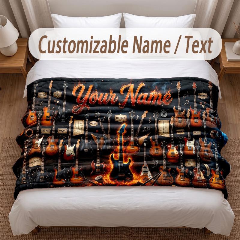 Music Guitar Theme Soft Blanket Personalized Custom Name Text Print Warm Blanket Home Sofa Bedroom Decor