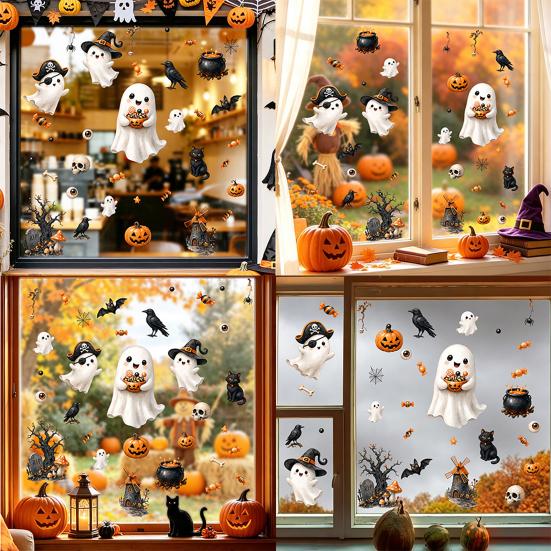 Creative Holiday Gifts Halloween Ghost Window Clings, Cute Pumpkin And Black Cat Static Stickers, PVC Party Atmosphere Props Waterproof Decals,