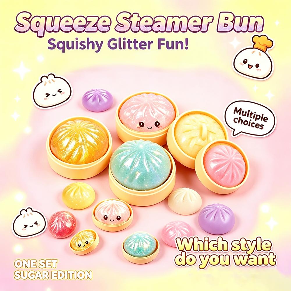 New Glitter Colorful Dumpling Stress Relief Balls Fidget Sensory Toy Simulation Food Sensory Squeeze Bun With Steamer Blind Box