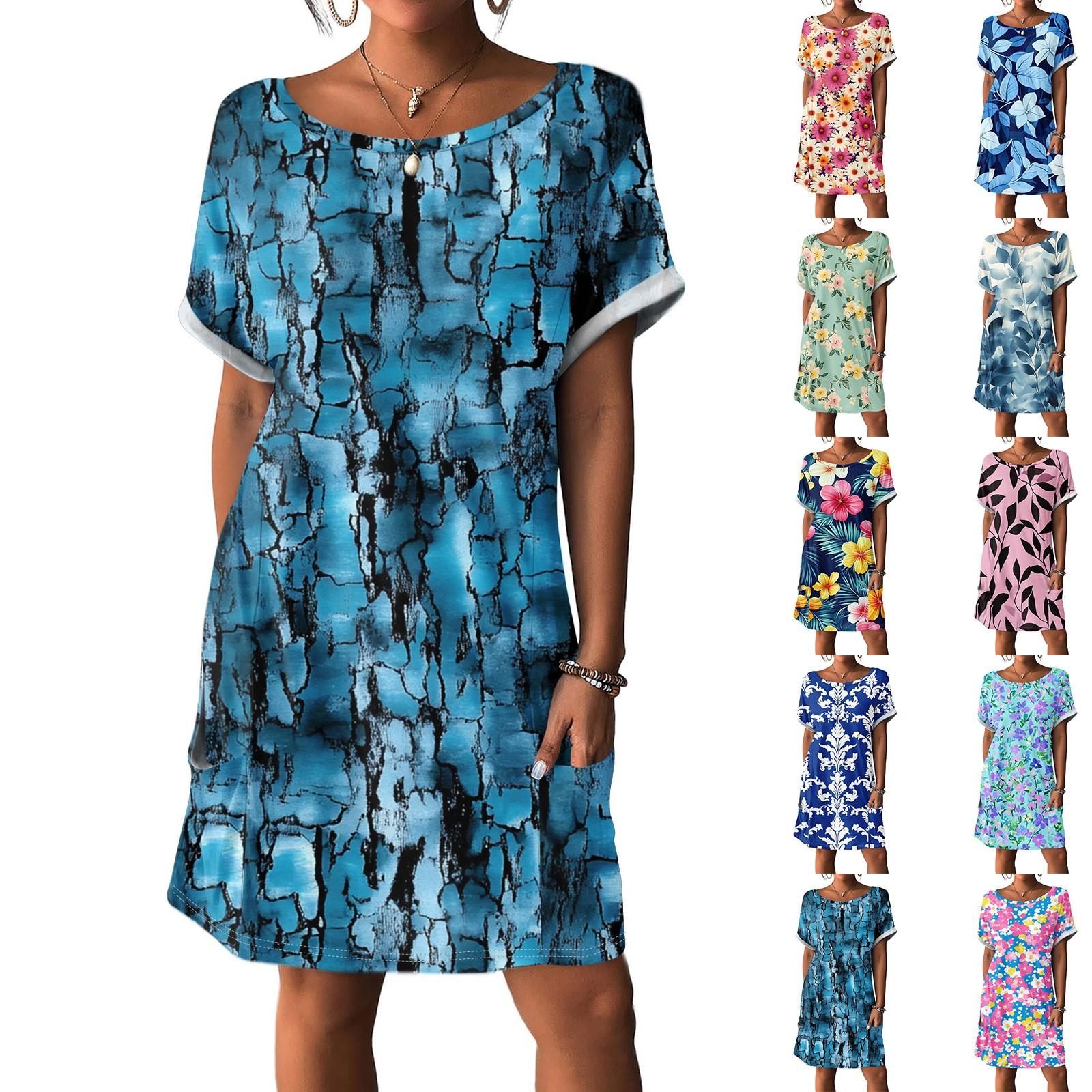 

Women s Fashion Short Sleeve Dress With Pockets Floral Print Casual Beach Dress L