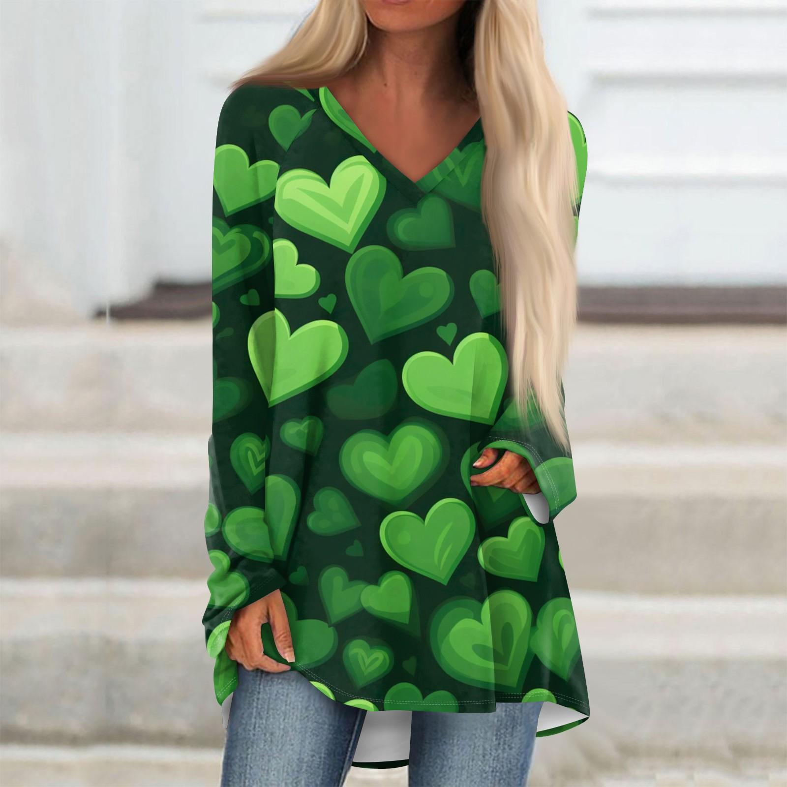 

Женская модная повседневная футболка с принтом, длинный рукав, V-образный вырез, топ средней длины XXL зелёный