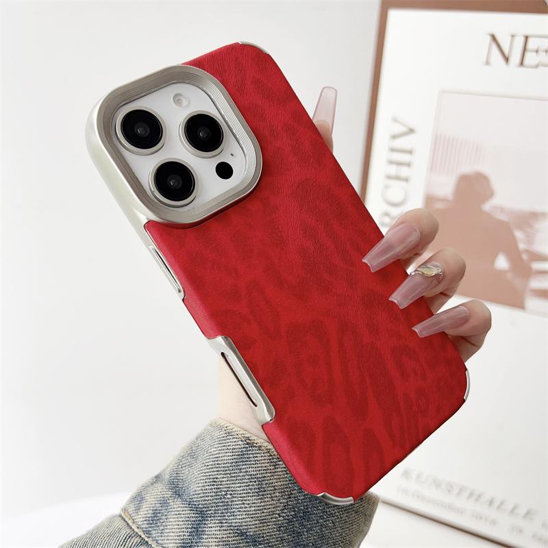 

Plating Frame Leopard Print Leather Silicone Case For iPhone 17 16 15 14 Plus 13 12 Pro Max 11 Shockproof Soft Cover For iphone16ProMAX
