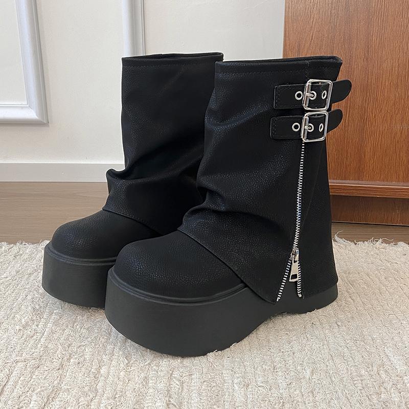 Fashion Autumn Winter Chunky Thick Sole Women Pipe Ankle Boots Designer Belt Buckle Platform Heel Shoes Modern Short Botas Para Mujer