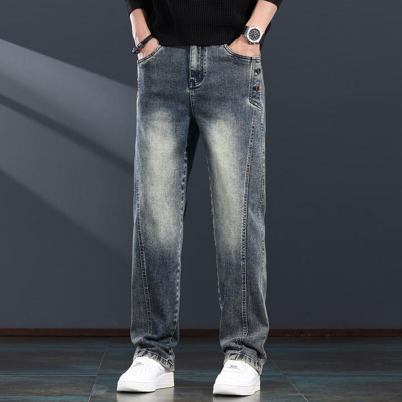 Jie Leinuo Men's American Retro Loose Straight-Fit Jeans