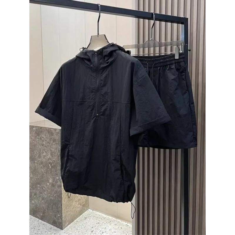 Sommar Cargo Huvtröja Träningsdräkt Kortärmad T-shirt Dragkedja och Shorts Outfits Snabbtorkande Enfärgad Casual Utomhus Sport Klädset