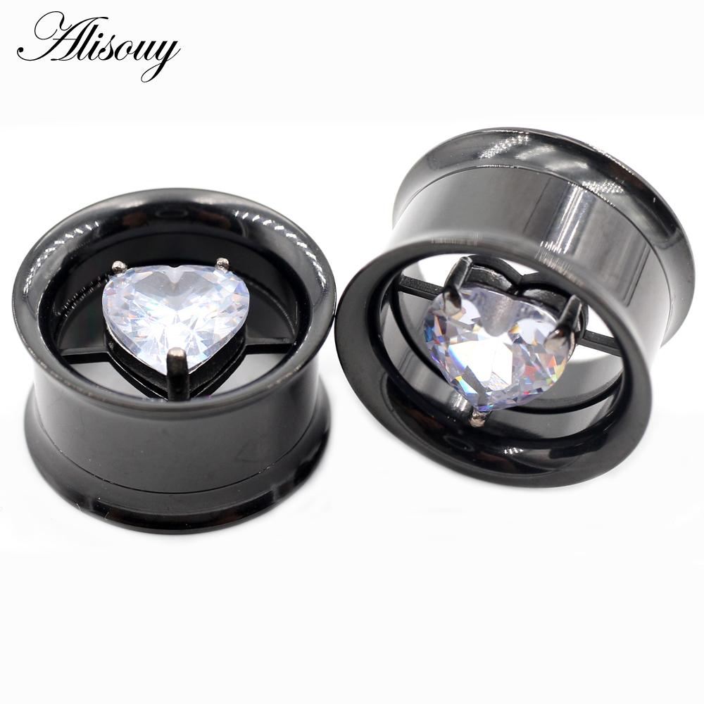 Alisouy 2PCS Stainless Steel Round Heart Zircon Ear Flesh Tunnels Plugs Expander Stretcher Double Flared Gauges Piercing Jewelry