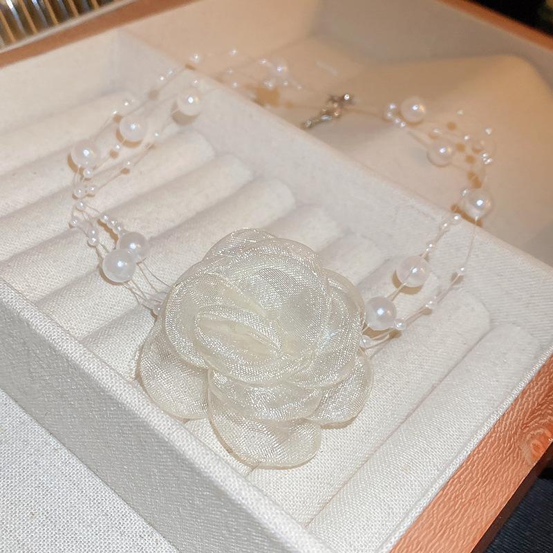 Super fairy three-layer imitation pearl mesh flower choker necklace sweet Internet celebrity neck necklace