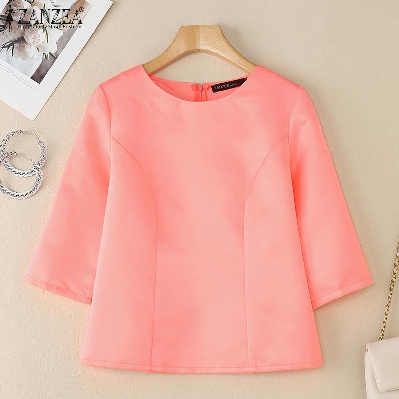 ZANZEA Damen Freizeit Rundhals Einfarbig 3/4 Ärmel Bluse