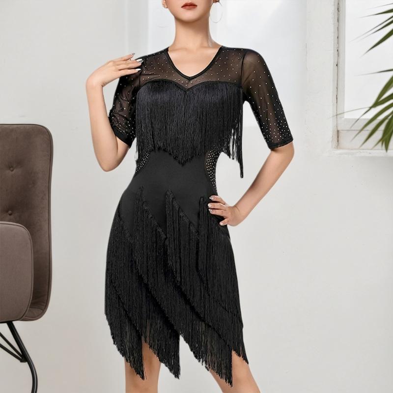 Stage Ready Latin Dance Costume Lightweight Breathable Fabric Sparkling Sequins Flattering Fringe Design