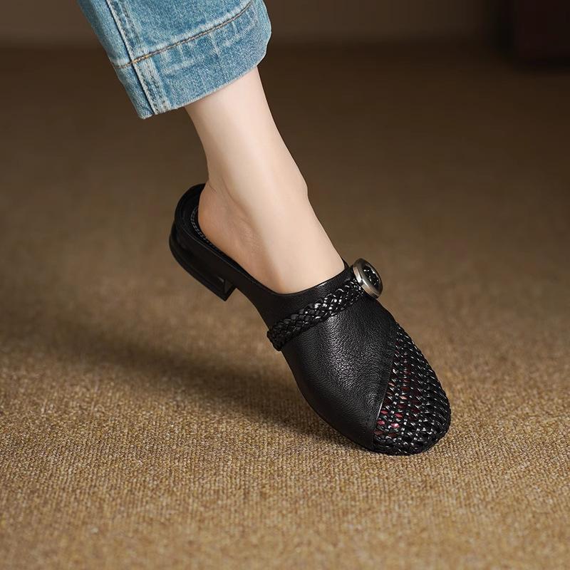 3Cm Thick Heel Leather Hollow Roman Bag Head Half Slippers Women's Outer Wear 2025 New Woven Mary Jane Mill Shoes