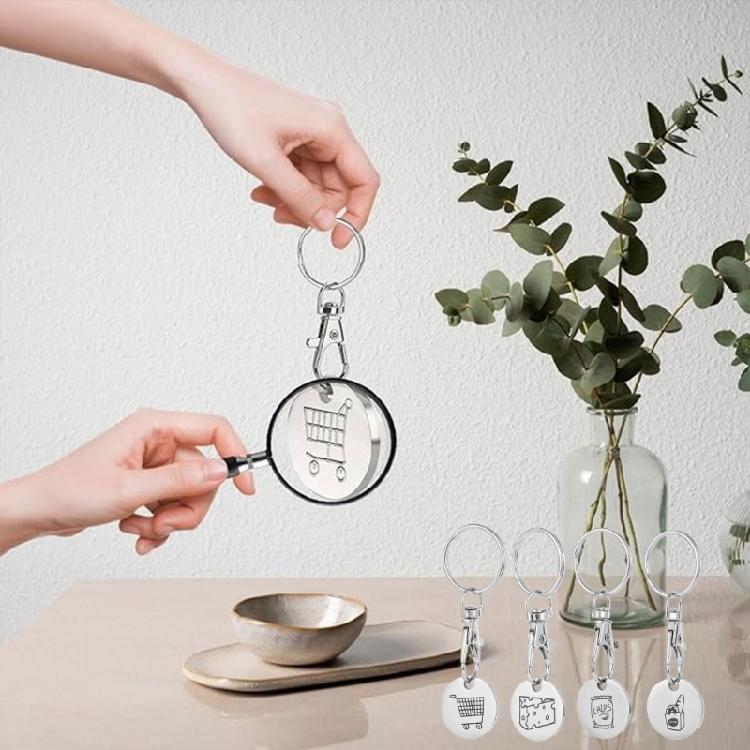 Set of 4 Shopping Trolley Coin Key Holder Shopping Coin Keyrings Carts Tokens Keyring Stainless Steel Texture for Daily