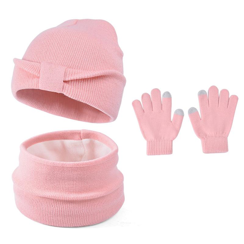 

3 шт. Зимняя детская шапка-бини, шарф, перчатки, костюм, теплые уши, детский вязаный комплект шапок для девочек и мальчиков, утеплитель для шеи для отдыха на открытом воздухе 3-8 лет розовый