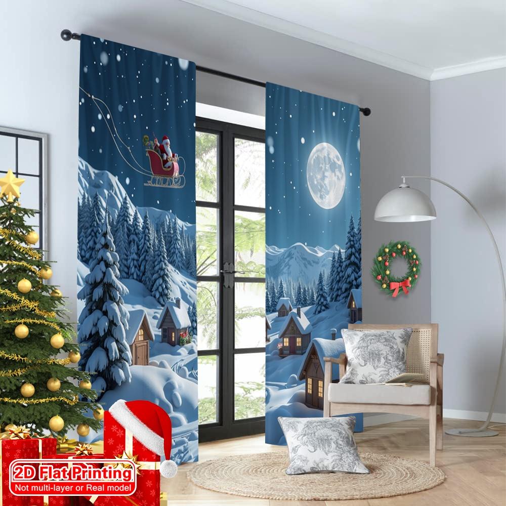 2pcs 2D flat printing Merry Christmas Popular Curtains Santa Sleigh Village Snow 100% Polyester Without Electricity Party