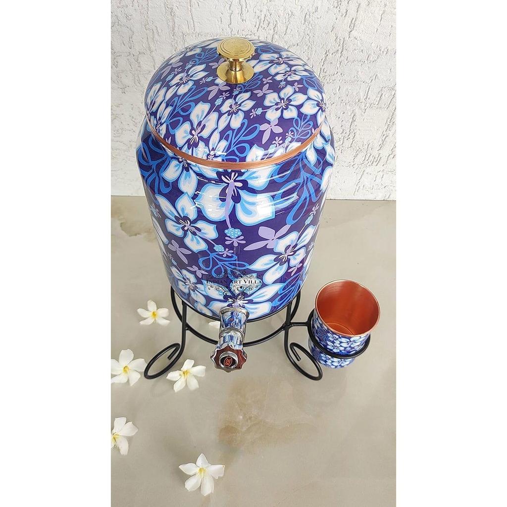 Reiner Kupfer Blauer Blumendruck Wasserkrug mit Messinghahn & Kupferglas & Ständer, Aufbewahrung & Servieren von Wasser, Volumen- 5 Liter